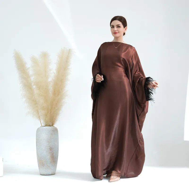 فستان عباية نسائي مسلم بأكمام من الريش من النايلون والقطن