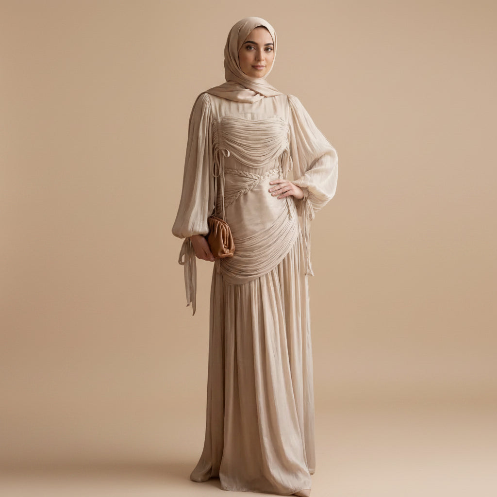 فستان عباية مطوي بياقة وأكمام منفوخة فاخرة #261238