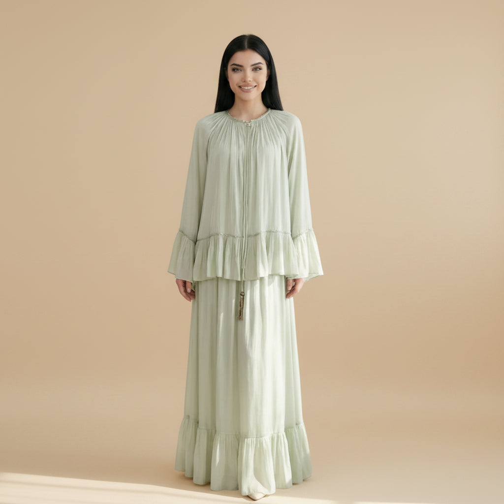 Muslim Women Embellished Rhinestones Short Sleeve Abaya Dress With Cape #261239