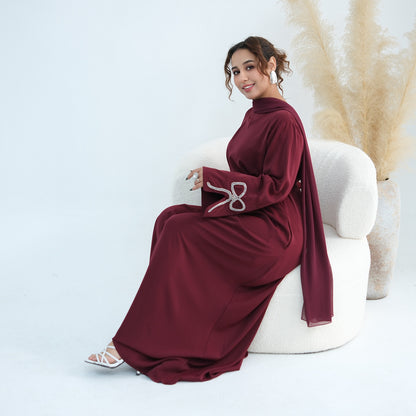 Muslim Women Beaded Bow Sleeve Abaya Dress #261086