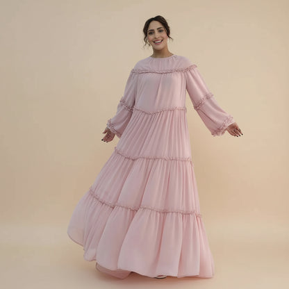 Muslim Women Double Layers Chiffon Tiered Ruffle Abaya Dress #261161