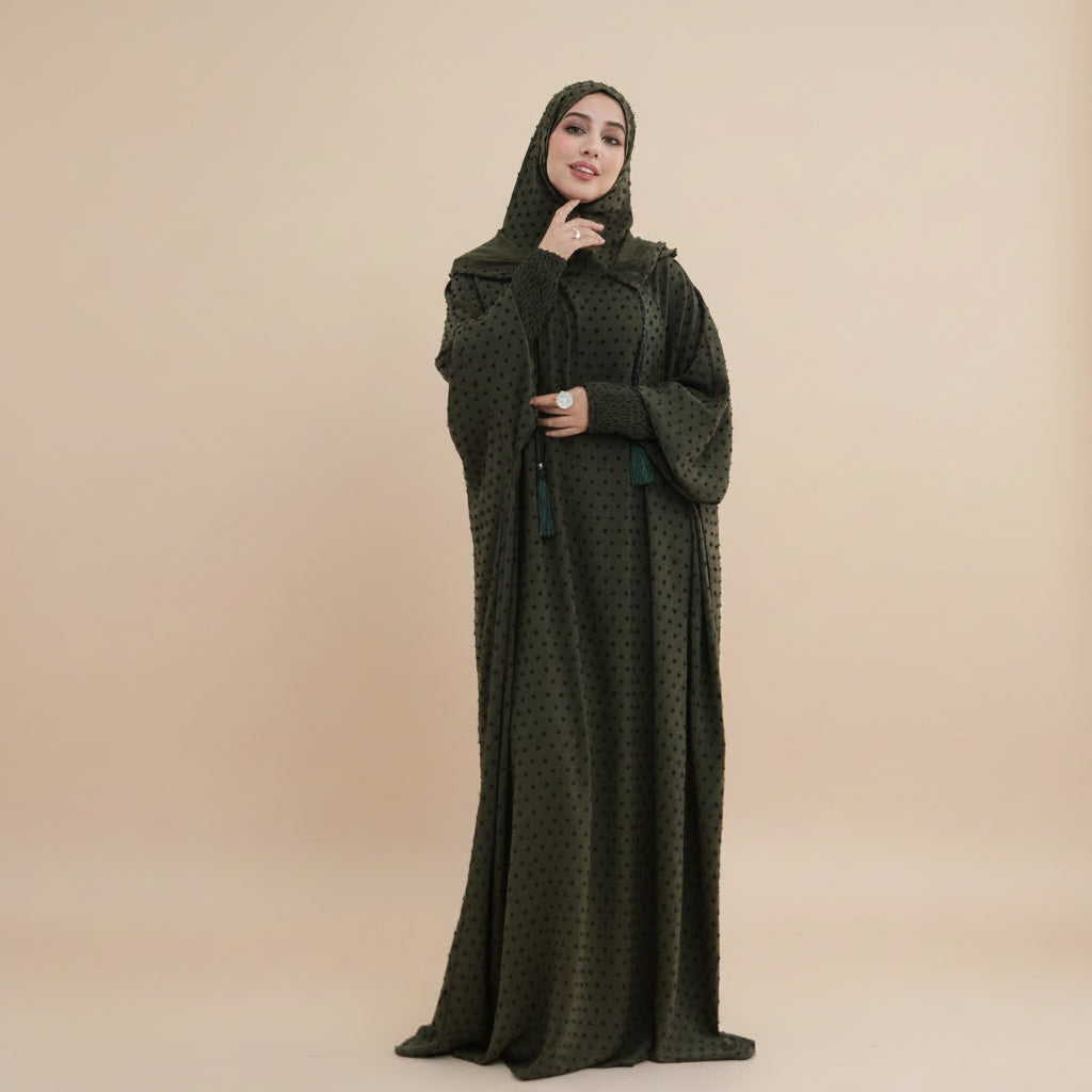 Muslim Women Hooded Polka Dots Printed Jilbab Abaya Dress #261196