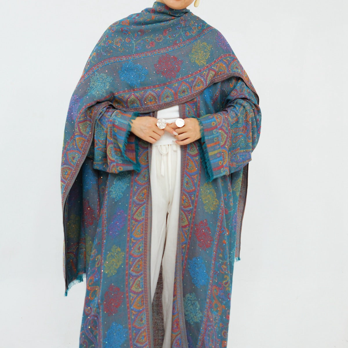 Hotfix Rhinestone Muslim Women Open Abaya With A Matching Hijab #261314