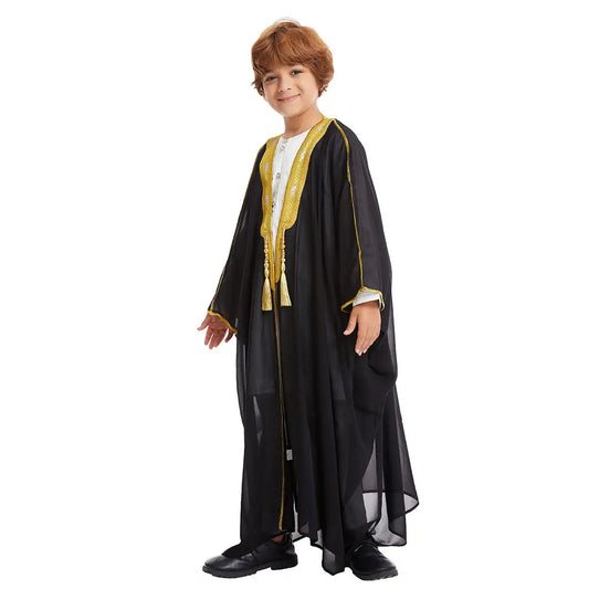 Arab Child Boy Bisht - Tassel Embroidery - Chiffon - Black/White/Beige/Tan
