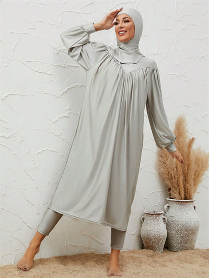 Muslim Burkini 3 Pieces Set Swimsuit Swimwear - Islamic Halal Bathing Suit - Gray - #2611031