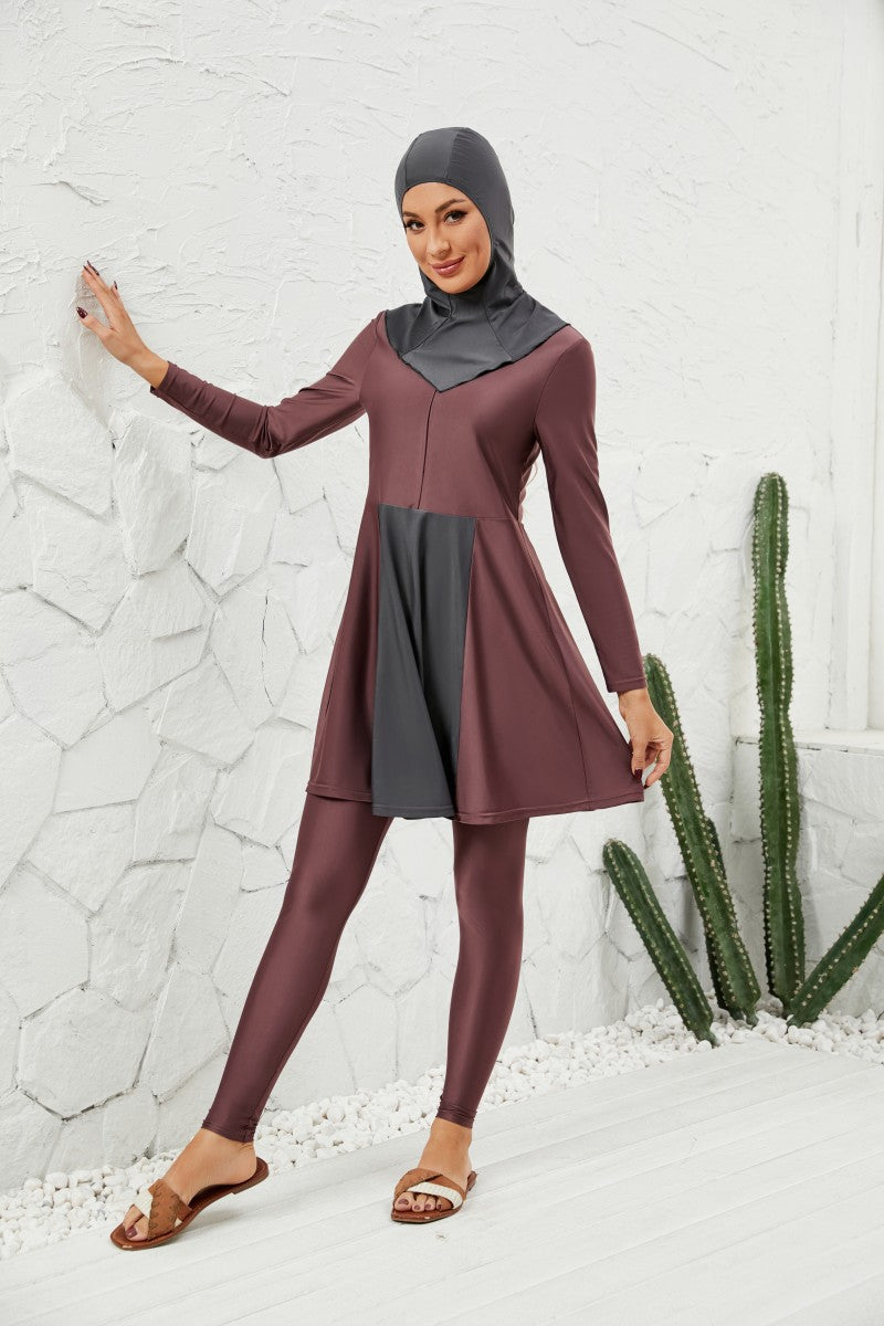 Muslim Burkini 3 Pieces Set Swimsuit Swimwear - Islamic Halal Bathing Suit - Red-purple - #2611064