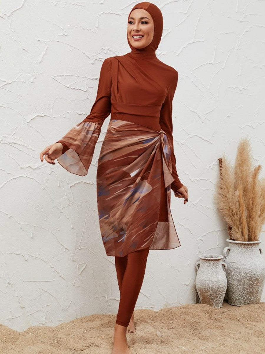 طقم ملابس سباحة بوركيني مكون من 4 قطع للنساء المسلمات مع لفافة ميدي #2611037