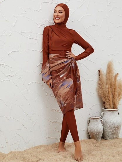 طقم ملابس سباحة بوركيني مكون من 4 قطع للنساء المسلمات مع لفافة ميدي #2611037