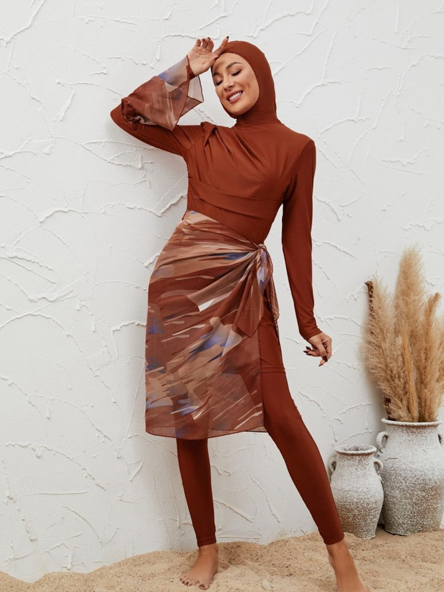 طقم ملابس سباحة بوركيني مكون من 4 قطع للنساء المسلمات مع لفافة ميدي #2611037