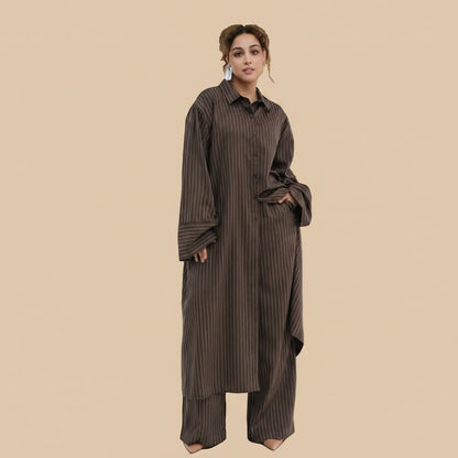 2 Pieces Set Abaya Tops And Pants Suit Set - With Stripe Pattern - Muslim Women Daily Wear - #261293