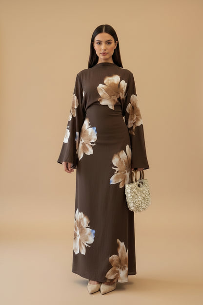 Muslim Women Printed Wrinkle Abaya Dress With Inner Belt #261358