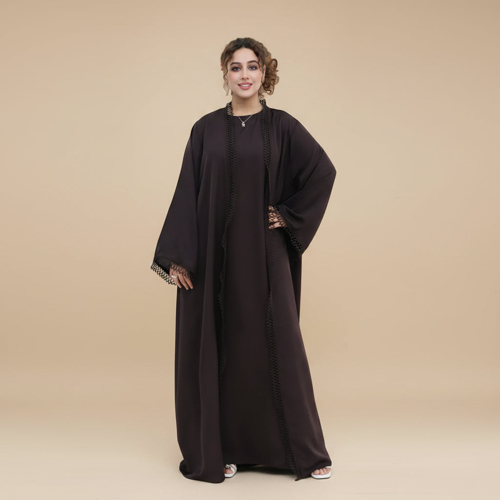 3D Floral Lace 2 Pieces Set Open Abaya Dress Set - With Inner Sleeveless Abaya Dress - #261182