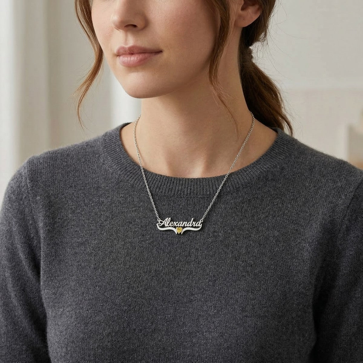 قلادة اسم شخصية باللغتين العربية والإنجليزية مع حجر الميلاد #1ZX