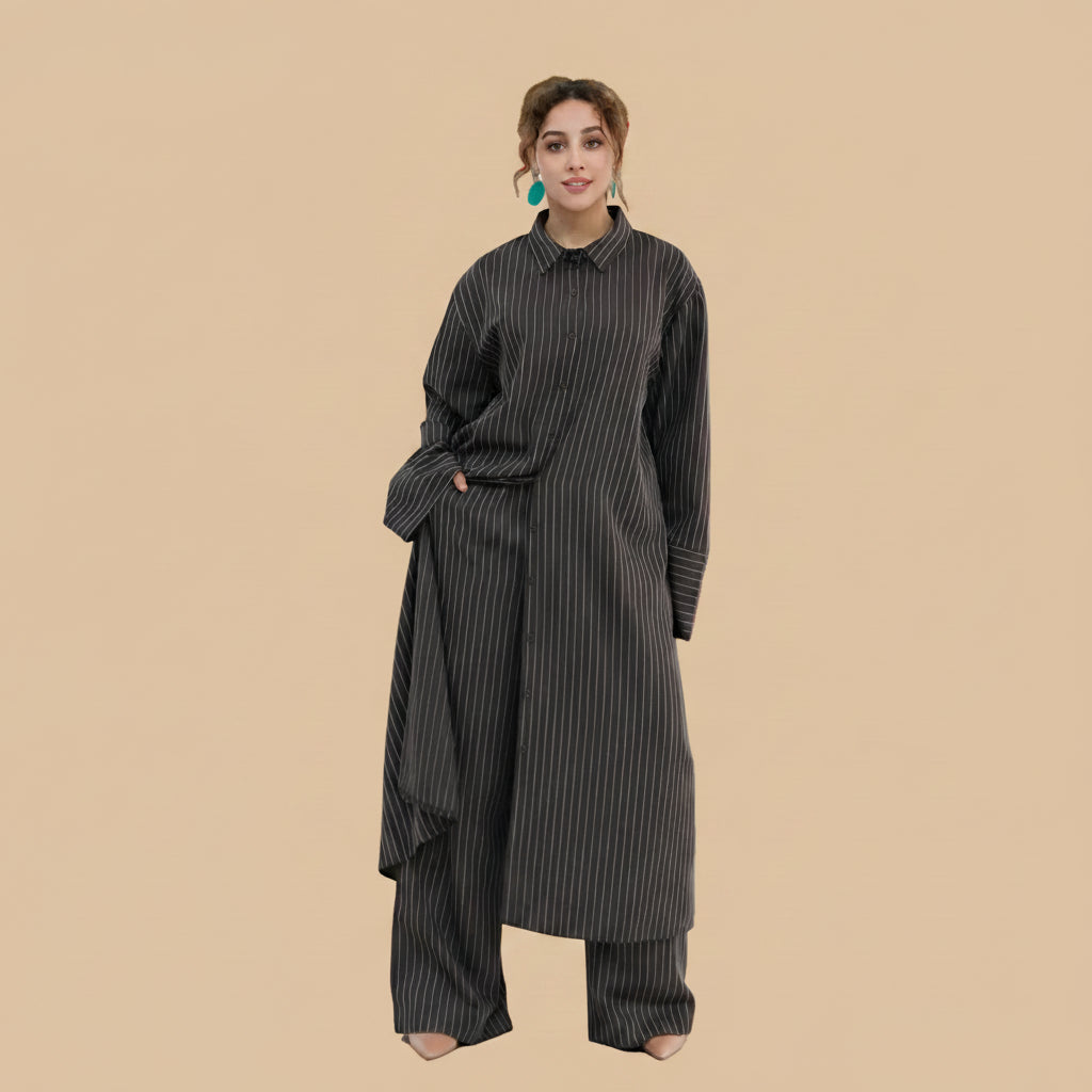 2 Pieces Set Abaya Tops And Pants Suit Set - With Stripe Pattern - Muslim Women Daily Wear - #261293
