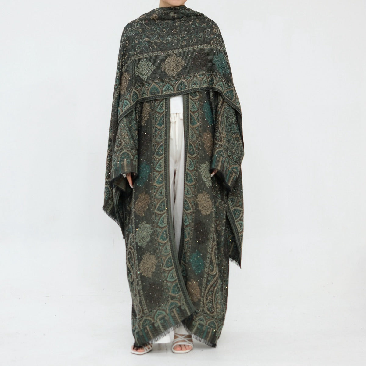 Hotfix Rhinestone Muslim Women Open Abaya With A Matching Hijab #261314