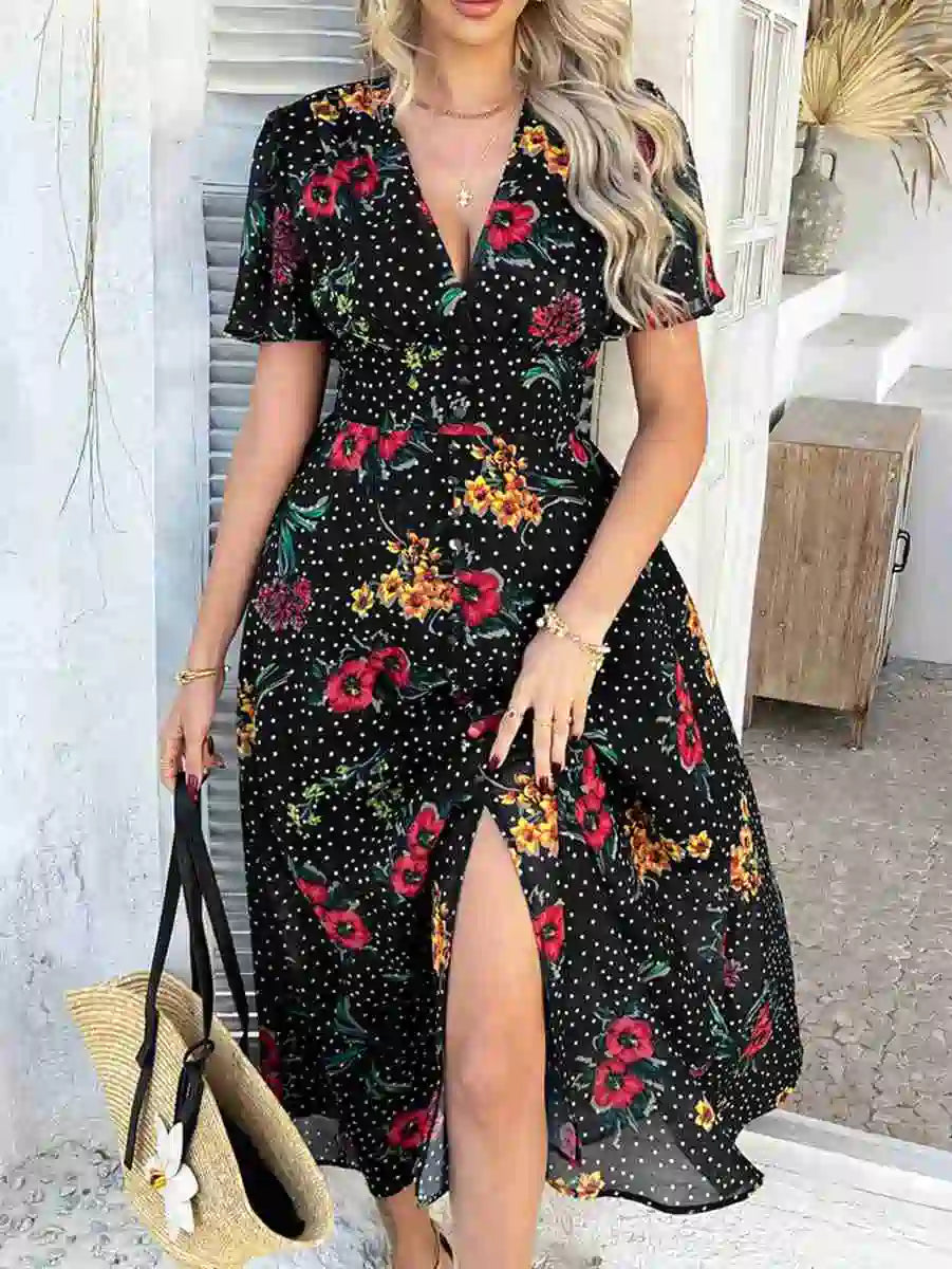 فستان نسائي مطبوع بفتحة رقبة على شكل حرف V من بوهيميا #2523048