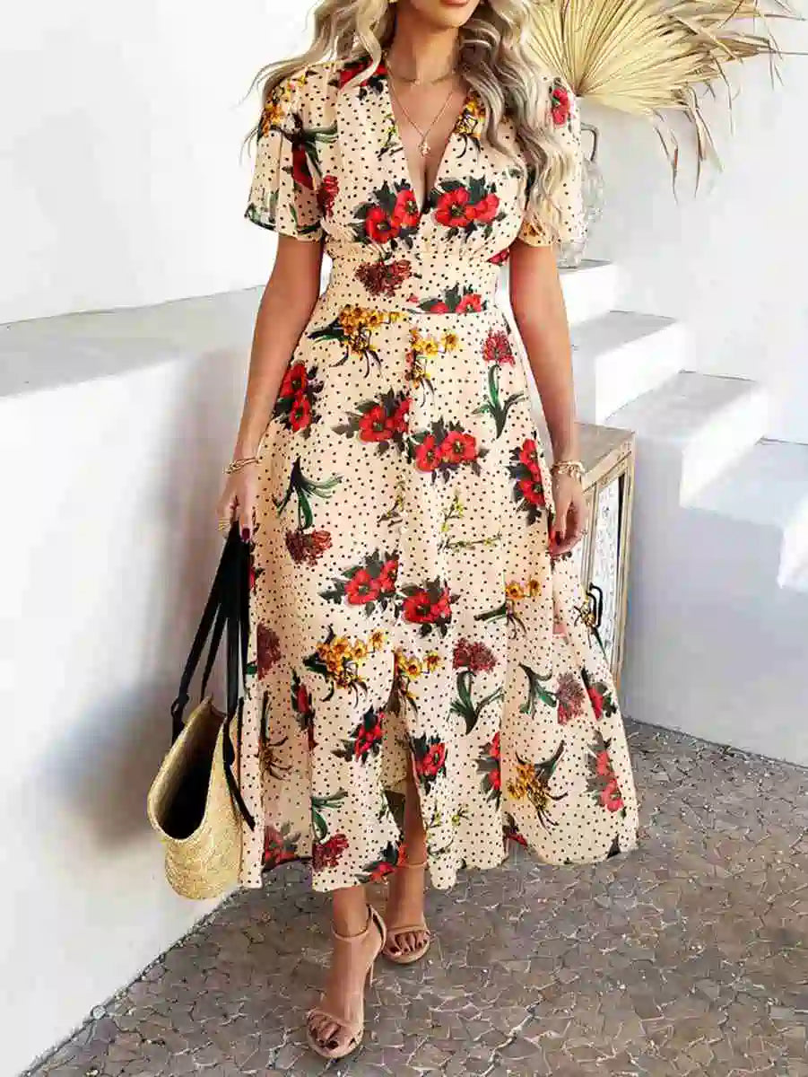 فستان نسائي مطبوع بفتحة رقبة على شكل حرف V من بوهيميا #2523048