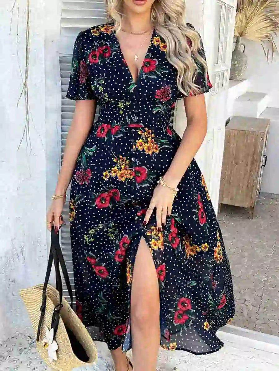 فستان نسائي مطبوع بفتحة رقبة على شكل حرف V من بوهيميا #2523048