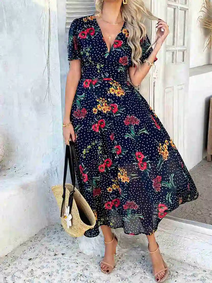 فستان نسائي مطبوع بفتحة رقبة على شكل حرف V من بوهيميا #2523048