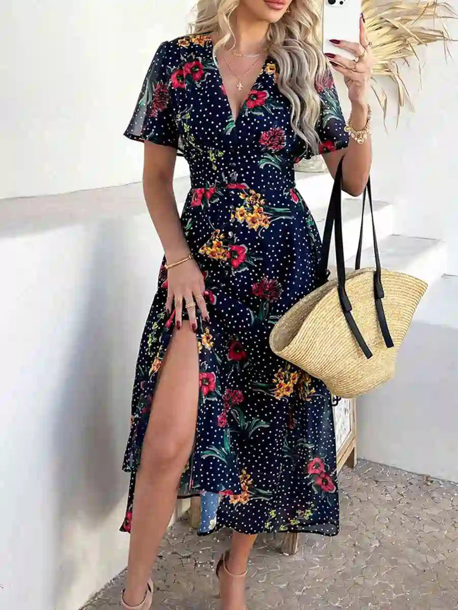 فستان نسائي مطبوع بفتحة رقبة على شكل حرف V من بوهيميا #2523048