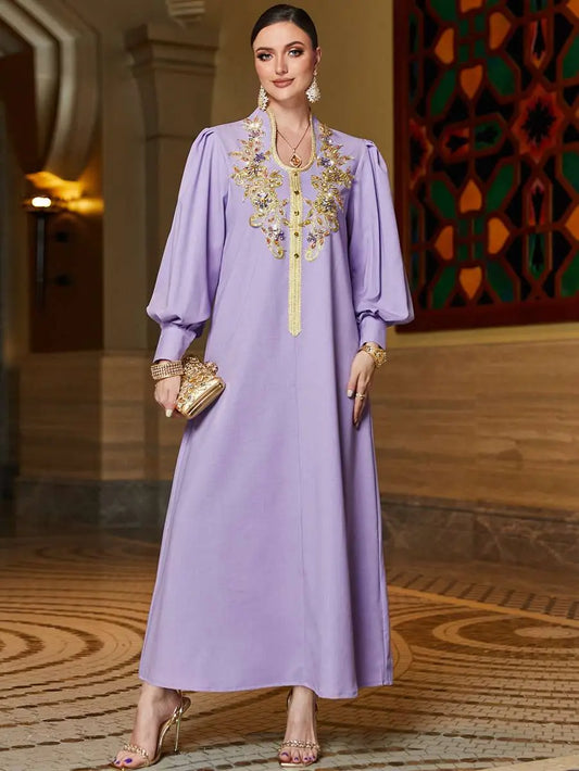 Hand-stitched Rhinestone Lace Applique Caftan Kaftan Dress