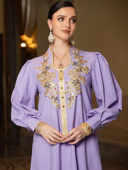 Hand-stitched Rhinestone Lace Applique Caftan Kaftan Dress