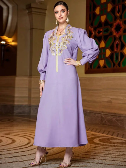 Hand-stitched Rhinestone Lace Applique Caftan Kaftan Dress