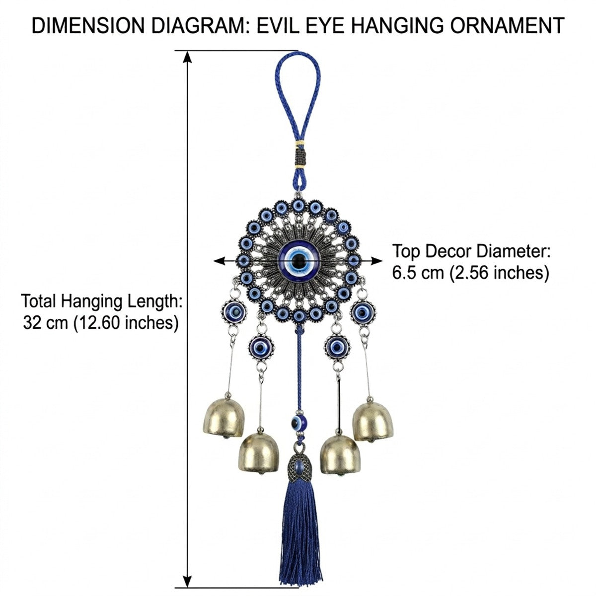 Blue Evil Eye Decor Wall Hanging Ornament Door Hanger Home Protection - With Wind Bell and Tassel - #EBE2602