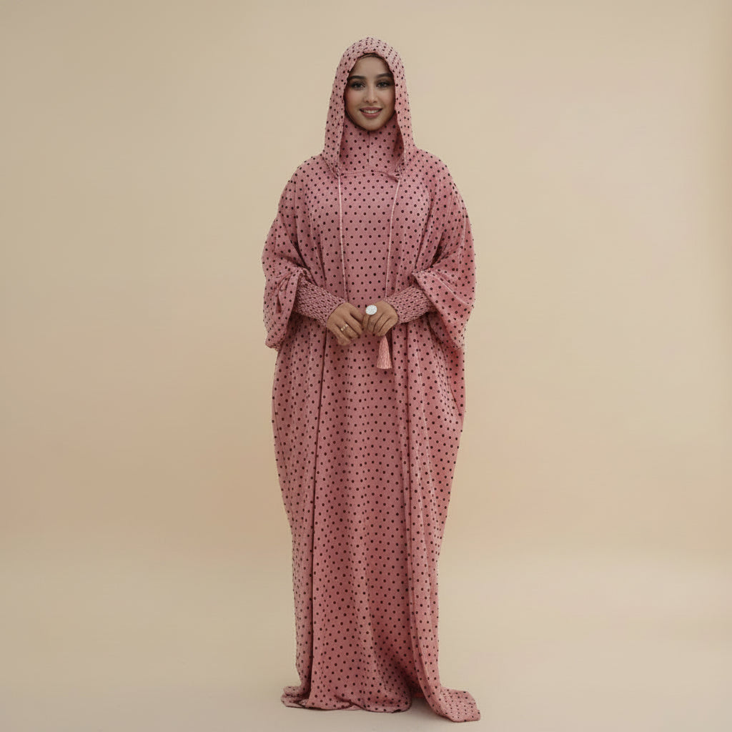 Muslim Women Hooded Polka Dots Printed Jilbab Abaya Dress #261196
