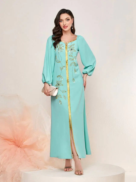 Elegant Hand-stitched Rhinestone Beads Caftan Kaftan Dress