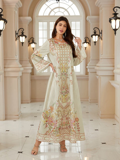 Hotfix Rhinestones Printed Caftan Kaftan Dress For Women - Jacquard Mukhawar Jalabiya Eid Dress -  Apricot - #26N04
