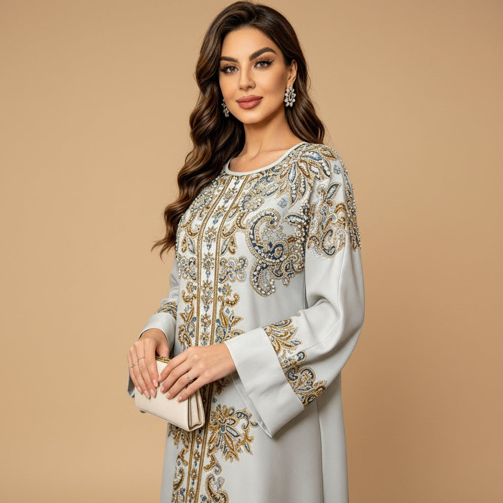 Hotfix Rhinestones Caftan Kaftan Dress For Women - Mukhawar Jalabiya Eid Dress - #26477