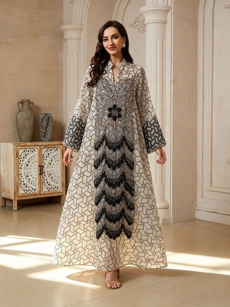 Jacquard Embroidery Caftan Kaftan Dress For Women - Mukhawar Jalabiya Eid Dress - #26361