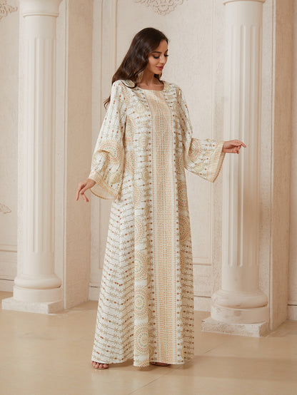Hotfix Rhinestones Printed Caftan Kaftan Dress For Women - Jacquard Mukhawar Jalabiya Eid Dress -  Apricot - #26N11