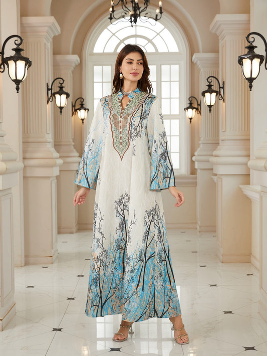 Jacuqard Printed Caftan Kaftan Dress For Women - Mukhawar Jalabiya Eid Dress - Light Blue -  #26N05