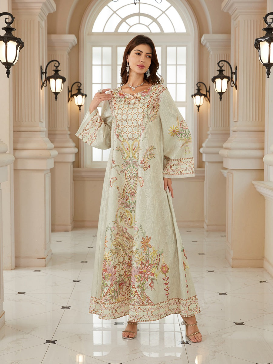 Hotfix Rhinestones Printed Caftan Kaftan Dress For Women - Jacquard Mukhawar Jalabiya Eid Dress -  Apricot - #26N04