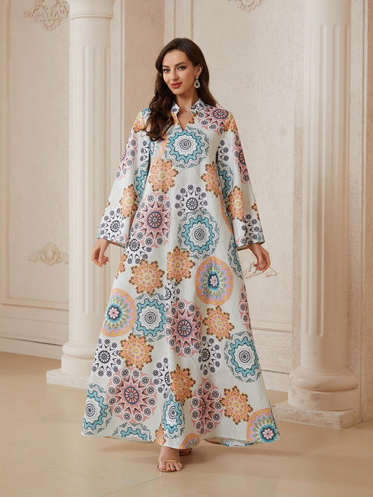 Printed Hotfix Rhinestones Caftan Kaftan Dress For Women - Jacquard Mukhawar Jalabiya Eid Dress - #26N11