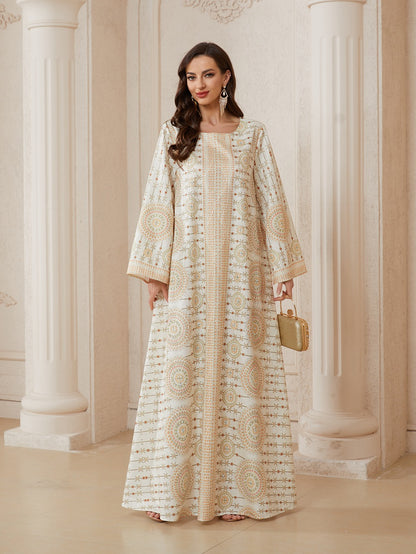 Hotfix Rhinestones Printed Caftan Kaftan Dress For Women - Jacquard Mukhawar Jalabiya Eid Dress -  Apricot - #26N11