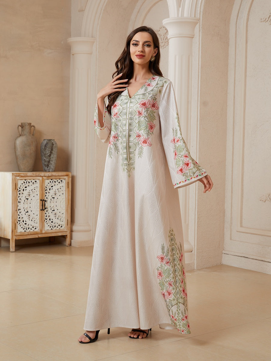 Hotfix Rhinestones Printed Caftan Kaftan Dress For Women - Jacquard Mukhawar Jalabiya Eid Dress -  Apricot - #26N10