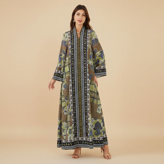 Eid Printed Hotfix Rhinestones Muslim Women Caftan Kaftan Dress #26SX19