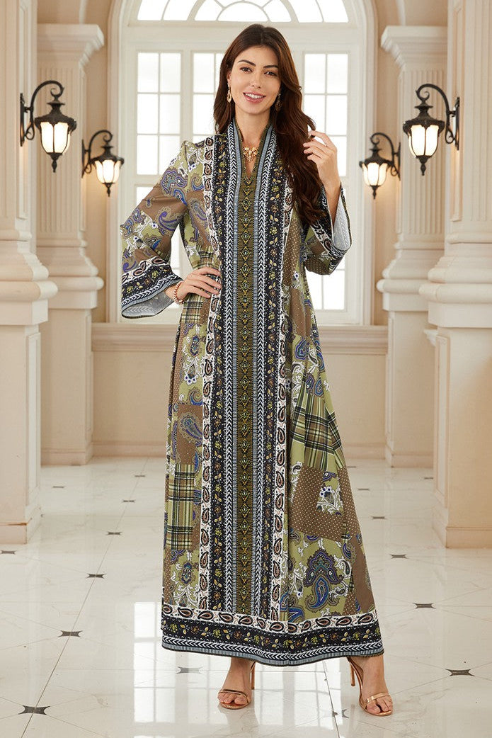 Eid Printed Hotfix Rhinestones Muslim Women Caftan Kaftan Dress #26SX19