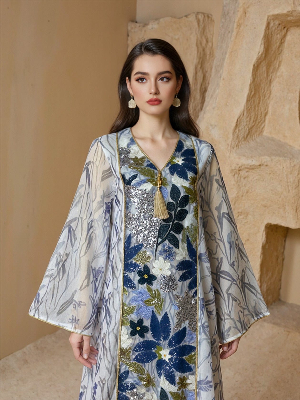 Eid Printed Sequins Muslim Women Caftan Kaftan Dress Jalabiya #25S151