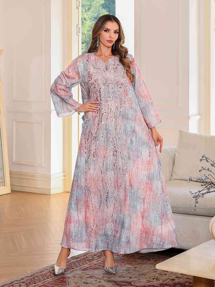 Eid Sequins Dress Muslim Women Printed Caftan Kaftan Dress #25136