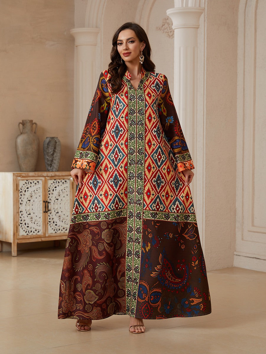 Eid Hotfix Rhinestones Printed Caftan Kaftan Dress #26S2607