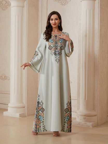 Eid Hotfix Rhinestones Printed Caftan Kaftan Dress Jalabiya #26S2602