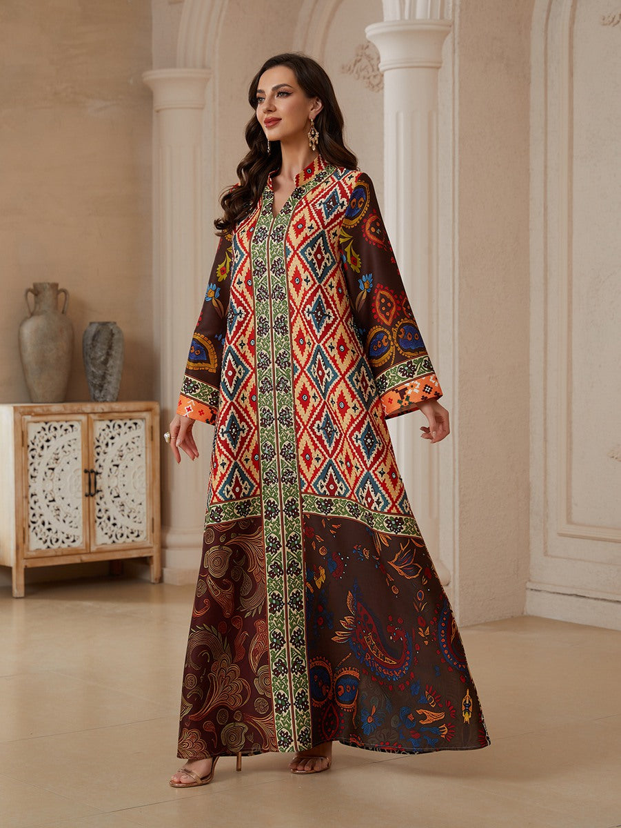 Eid Hotfix Rhinestones Printed Caftan Kaftan Dress #26S2607