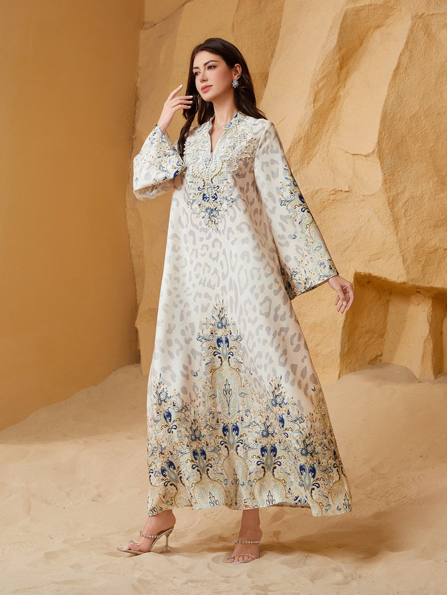 Eid Bead Printed Dress Muslim Women Caftan Kaftan Dress #26S1004