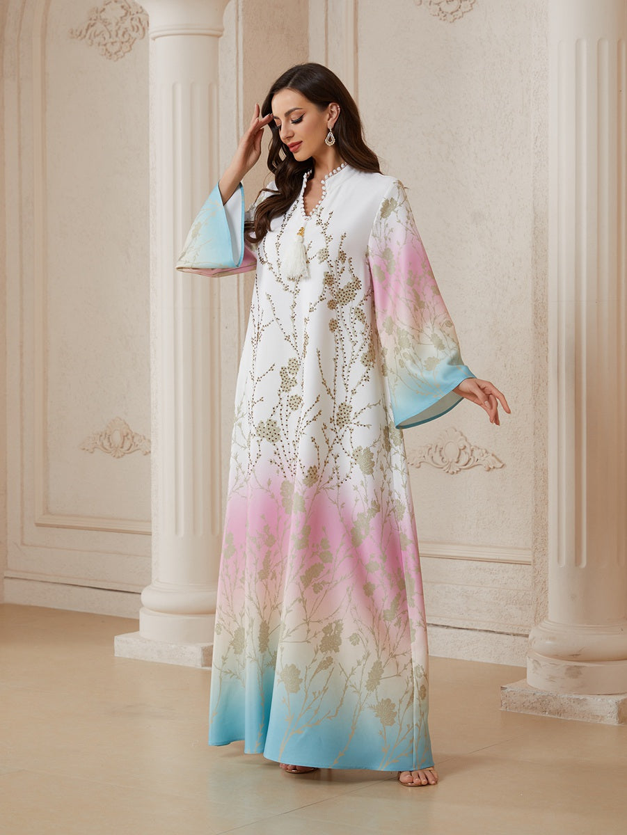 Eid Hotfix Rhinestones Beads Gradient Color Caftan Kaftan Dress Jalabiya #26S2609