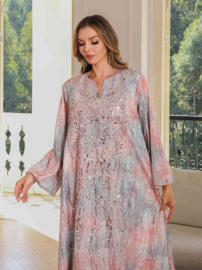 Eid Sequins Dress Muslim Women Printed Caftan Kaftan Dress #25136