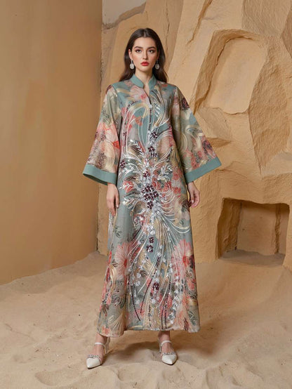 Eid Sequins Printed Dress Muslim Women Caftan Kaftan Dress #25S191